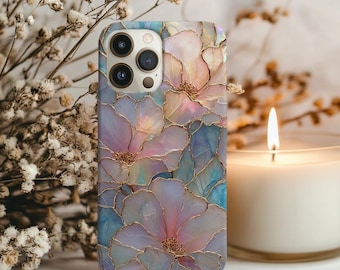 Iridescent Delicate Flowers Stained Glass Luxe Glam Cell Phone Case, Floral iPhone Samsung Case, Romantic Aesthetic, Trendy Gift For Her