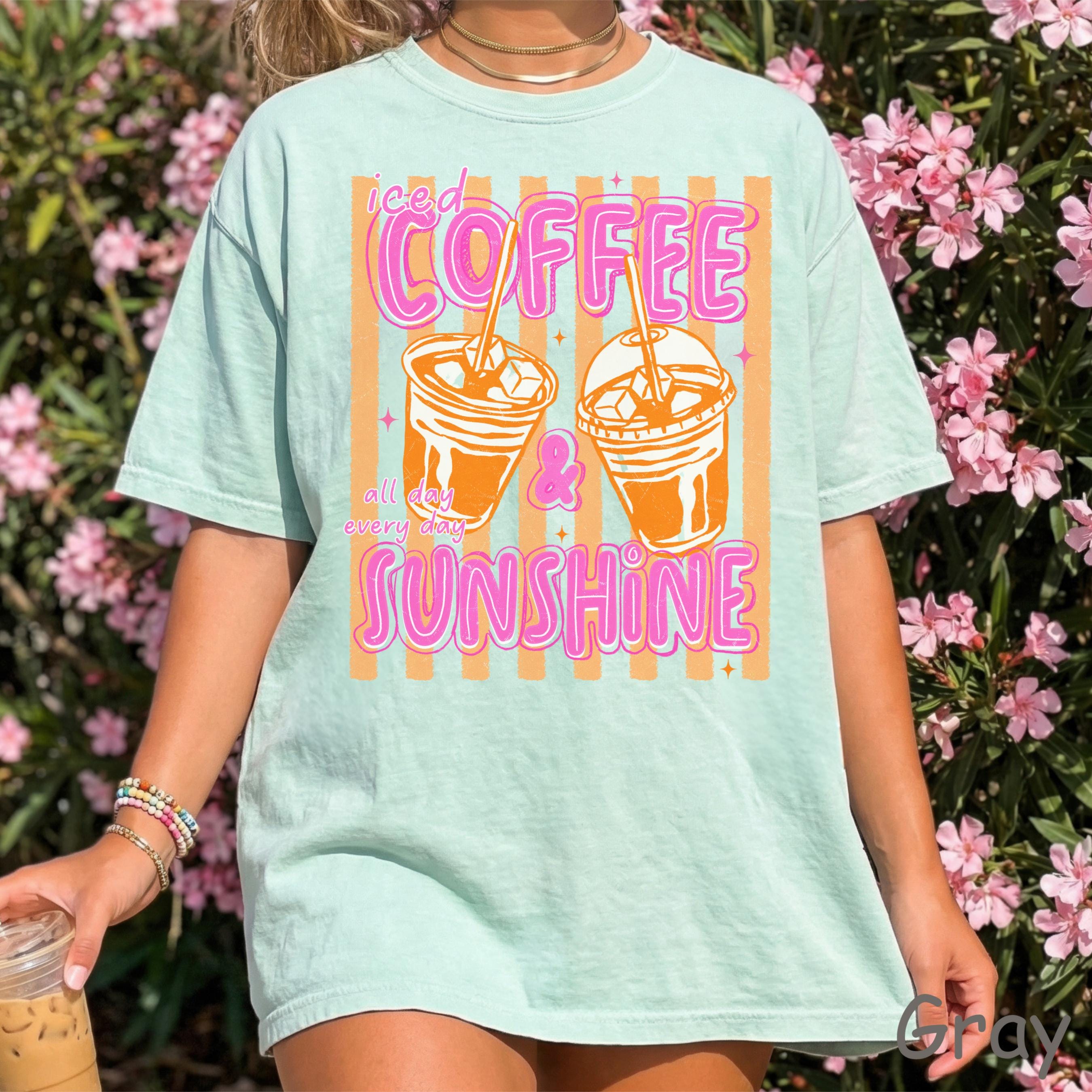 Comfort Colors Iced Coffee and Sunshine Neon Stripe Coquette Summer TShirt, Vintage Coffee Lover Shirt, Womens Apparel, Trendy Graphic Tee