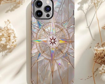 Étui pour téléphone portable luxe glam en vitrail nautique céleste boussole irisé, coque Samsung côtière opalescente pour iPhone, cadeau tendance pour elle