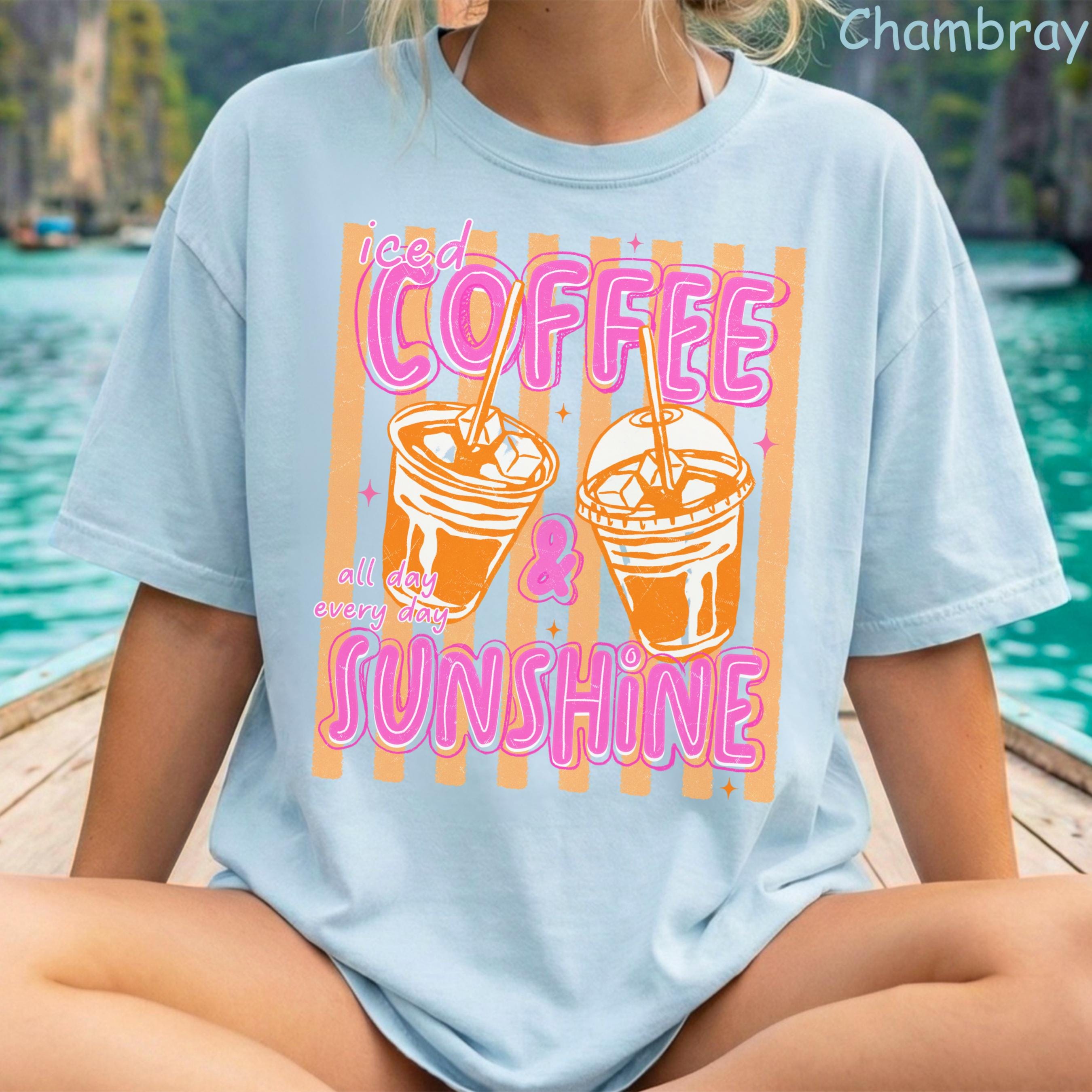 Comfort Colors Iced Coffee and Sunshine Neon Stripe Coquette Summer TShirt, Vintage Coffee Lover Shirt, Womens Apparel, Trendy Graphic Tee