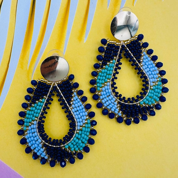 IDALIA Handmade Beaded Dangle Earrings Blue Colombian Jewelry