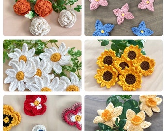 PATRONES DE FLORES A GANCHILLO - descarga instantánea en PDF 6 patrones de flores a crochet - patrones de margaritas, pensamientos, rosas, narcisos, girasoles y lilas