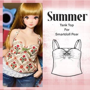 May include: A white tank top with a floral print and a bow at the bust. The tank top is designed for a Smartdoll Pear doll. The text "Summer Tank Top For Smartdoll Pear" is written below the image of the tank top.