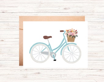 Blue Flower Bicycle Blank Card- Bike Greeting Card