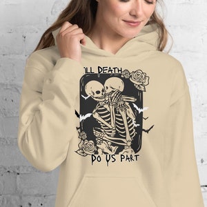 Espeluznante sudadera con capucha de pareja de esqueletos, hasta que la muerte nos separe, sudaderas de votos para la novia y el novio, sus y sus regalos de boda de Halloween, jardín de rosas