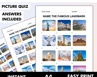 Famous World Landmarks Picture Quiz • Geography Pub quiz Picture round • Printable Picture trivia • Famous Monuments History quiz • PDF