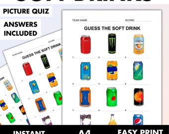 Soft drinks picture quiz • Guess the drink Pub quiz picture round • Picture trivia with answers • Print at home Digital download party game