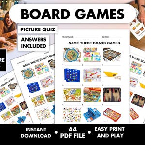 Puede incluir: Un cuestionario imprimible de juegos de mesa con el título "Board Games" y el texto "Picture Quiz, Answers Included". El cuestionario presenta imágenes de varios juegos de mesa para su identificación. La parte inferior de la imagen incluye el texto "Instant Download, A4 PDF File, Easy Print and Play."