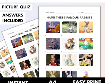 Concurso de imágenes de conejos famosos • Ronda de imágenes de preguntas y respuestas en el pub de Pascua • Trivial imprimible familiar • Juego de Pascua: adivina la liebre • Descarga digital