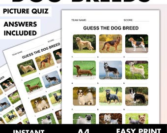 Guess the Dog Breed Picture Quiz • Dogs Breeds Picture Round Pub quiz • Dog Lover Trivia • Puppy birthday Party Game • Printable PDF