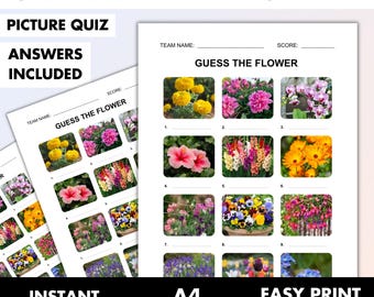 Guess The Flower Picture Quiz • Picture round Pub Quiz with Answers • Instant Download Game • Flower Trivia • Print at Home •