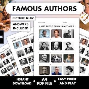 Peut inclure: Un jeu de quiz en noir et blanc intitulé "Famous Authors". Le jeu comprend un quiz avec des réponses incluses. Le jeu est un téléchargement instantané et est un fichier PDF A4. Facile à imprimer et à jouer.
