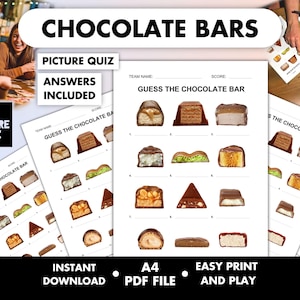 May include: A printable "Guess the Chocolate Bar" picture quiz with answers included. The game features illustrations of various chocolate bars. The text "Chocolate Bars", "Instant Download", "A4 PDF File", and "Easy Print and Play" are visible.