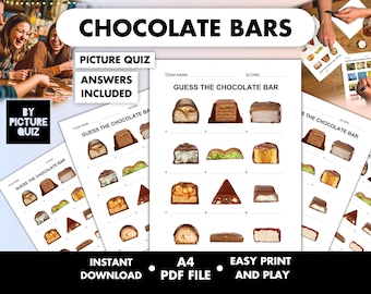 Chocolate Bars Picture Quiz • Guess Chocolates pub quiz picture round • British American Sweets trivia • Print and Play Printable game