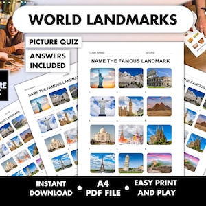 May include: A printable A4 PDF quiz titled "World Landmarks" with answers. The quiz features images of famous landmarks such as the Colosseum and the Taj Mahal. It is designed for easy printing and play, perfect for a fun activity.