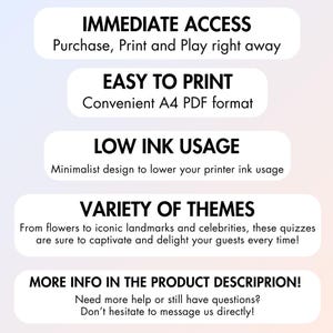 May include: A graphic with text promoting quizzes. The text highlights immediate access, easy printing in A4 format, low ink usage, and a variety of themes. It also encourages customers to message for more info.
