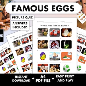 May include: A printable picture quiz game titled "Famous Eggs" with the text "Picture Quiz" and "Answers Included." The game features multiple choice questions with images of various eggs. The bottom of the image reads "Instant Download," "A4 PDF File," and "Easy Print and Play."