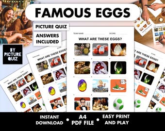Famous eggs Picture Quiz • Printable Easter Egg Picture Trivia • Family Picture round • Printable Digital Download Pub Quiz • Print And Play