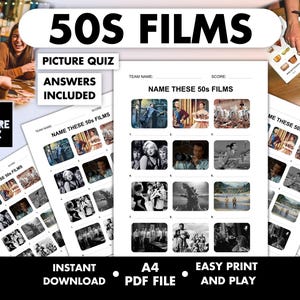 May include: A black and white picture quiz game titled "50s Films". The game includes a picture quiz with answers, and the text "Instant Download", "A4 PDF File", and "Easy Print and Play".