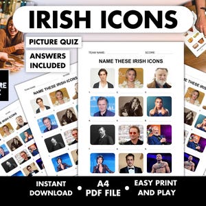 Op de afbeelding: Een afdrukbare fotoquiz getiteld "Ierse Iconen" met afbeeldingen van beroemde Ierse mensen. De quiz bevat de tekst "Picture Quiz" en "Answers Included". Het product is beschikbaar als direct downloadbare A4 PDF-bestand en is gemakkelijk te printen en te spelen.