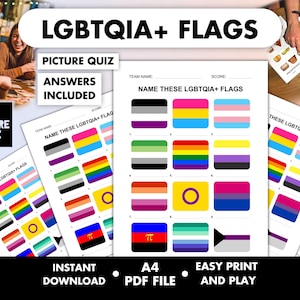 May include: A printable LGBTQIA+ flags picture quiz. The quiz includes a variety of flags with the text "Name These LGBTQIA+ Flags". The image also includes the text "Answers Included", "Instant Download", "A4 PDF File", and "Easy Print and Play".