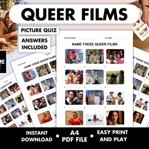 May include: A "Queer Films" picture quiz, with the text "Answers Included." The quiz features film stills for players to identify. The image includes the text "Instant Download," "A4 PDF File," and "Easy Print and Play."
