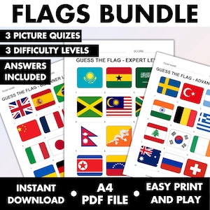 May include: A bundle of printable flag quizzes with three difficulty levels. The quizzes include flags from various countries, with answers included. The text on the image says "Instant Download", "A4 PDF File", and "Easy Print and Play".