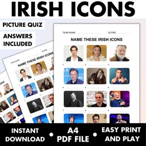 以下が含まれることがあります： 「アイリッシュアイコン」と題された、アイルランドの有名人の画像が特徴の印刷可能な写真クイズ。クイズには、「Picture Quiz」、「Answers Included」、「Instant Download」、「A4 PDF File」、「Easy Print and Play」というテキストが含まれています。