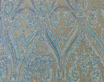 Geometric Shiny Design Sequins Embroider on a 4 Way Stretch Mesh Fabric- Sold by The Yard. Purple Iridescent main image 0