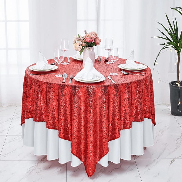 50"x50" inch Square Sequin Tablecloth Red Glitter Tablecloth for Bridal Shower Decorations, Birthday, Wedding, Dessert, Banquet