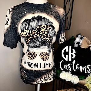 Mom Life # Bleached T Shirt Tee Leopard Print Cheetah Patches Spots Trendy Distressed Custom Boutique Slits Cuts Cute New Hot Over Size