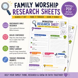 May include: Family Worship Research Sheets printable PDF with a magnifying glass icon. The document features sections titled Ministry Research Sheet, The Question, What Does The Bible Say, What Did I Learn, Why Might Someone Ask This, and Follow-up Challenge.