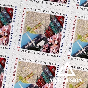 May include: A sheet of postage stamps featuring the District of Columbia. Each stamp displays a colorful image of buildings, a map, and cherry blossoms. Text includes "District of Columbia," "The Nation's Capital," and "37 USA Washington."