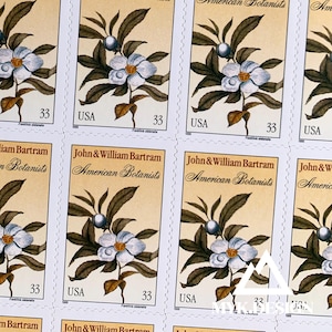 May include: A sheet of postage stamps featuring botanical illustrations. Each stamp displays a white flower with green leaves and the text "John & William Bartram American Botanists", "USA", and the number "33". The stamps have a cream-colored background.