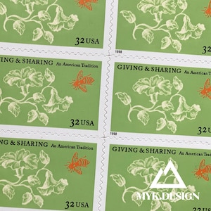May include: Green postage stamps with a floral design and an orange bee. The stamps read "GIVING & SHARING An American Tradition" and "32 USA". The year "1998" is also printed on the stamps.