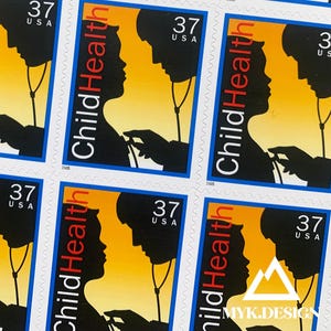May include: A sheet of postage stamps featuring a silhouette of a doctor examining a child with a stethoscope. The stamps have a blue border, the text "Child Health" in red and white, and the text "37 USA". The background is yellow and orange.
