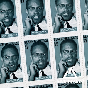 May include: A pattern of postage stamps featuring a portrait of Malcolm X. Each stamp is a teal color and includes the text "Black Heritage USA 33" and "Malcolm X". The stamps are arranged in a grid pattern.
