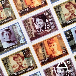 May include: Sheet of postage stamps featuring portraits of notable women, including Ida M. Tarbell, Nellie Bly, and Marguerite Higgins. Each stamp has a "37 USA" marking. The stamps are in various colors, with text from newspapers.