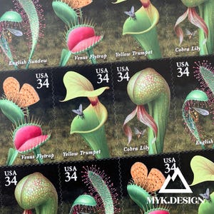 May include: A sheet of USA 34-cent stamps featuring illustrations of carnivorous plants, including Venus Flytrap, Yellow Trumpet, Cobra Lily, and English Sundew. Each stamp showcases a detailed botanical illustration with a small insect.