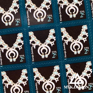 May include: Sheet of postage stamps featuring a white and turquoise necklace design labeled "Navajo Jewelry." Each stamp is a 2-cent value with a dark teal background and a perforated edge.