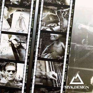 May include: Black and white film strip design featuring images related to filmmaking. Sections include "Directing," "Costume Design," "Cinematography," and "Special Effects." The text "USA/37" appears on each section. The design includes the text "MYK.DESIGN."