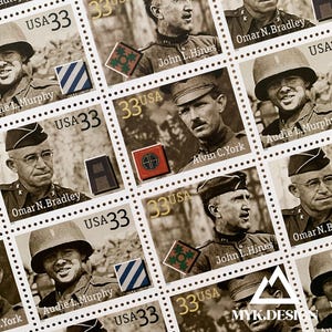 May include: A sheet of vintage USA 33-cent postage stamps featuring portraits of military figures, including Audie L. Murphy, Omar N. Bradley, and Alvin C. York. Each stamp has a portrait, the text "USA 33", and a military insignia. The stamps are arranged in a grid.