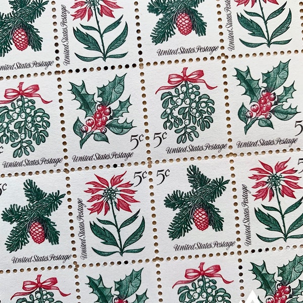 Christmas Plants | 1964 | Vintage US Postage Stamps | Face Value 5 Cents | Scott 1254-57 | Holly Poinsettia Fir Evergreen Mistletoe Tree