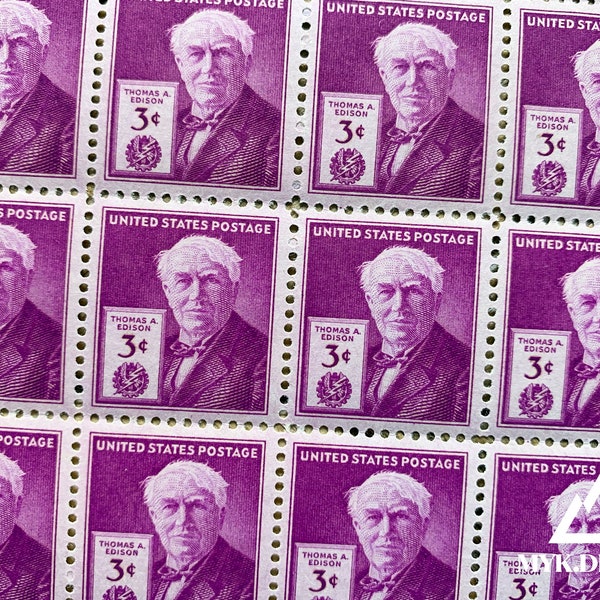 Thomas Edison | 1947 | Vintage US Postage Stamps | Face Value 3 Cents | Scott 945 | Inventor, Electric Light Bulb, Phonograph, Menlo Park