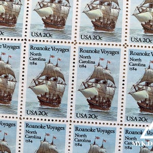 Roanoke Voyages | 1984 | Vintage US Postage Stamps | Face Value 20 Cents | Scott 2093 | Ship, Sailing, Elizabeth, North Carolina, Atlantic