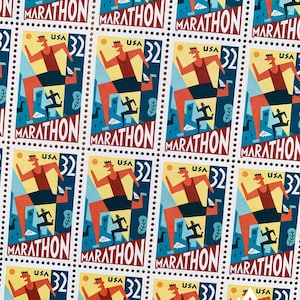 May include: A sheet of postage stamps featuring a stylized runner in a marathon. The stamps have a retro design with the word "MARATHON" in a bold font, the value "32", and the text "USA". The runner is depicted in red, black, and yellow.