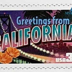May include: A postage stamp featuring a California theme. The stamp includes the text "Greetings from California" with an image of a bridge and flowers. The stamp also has the text "USA 34" and the year "2002".