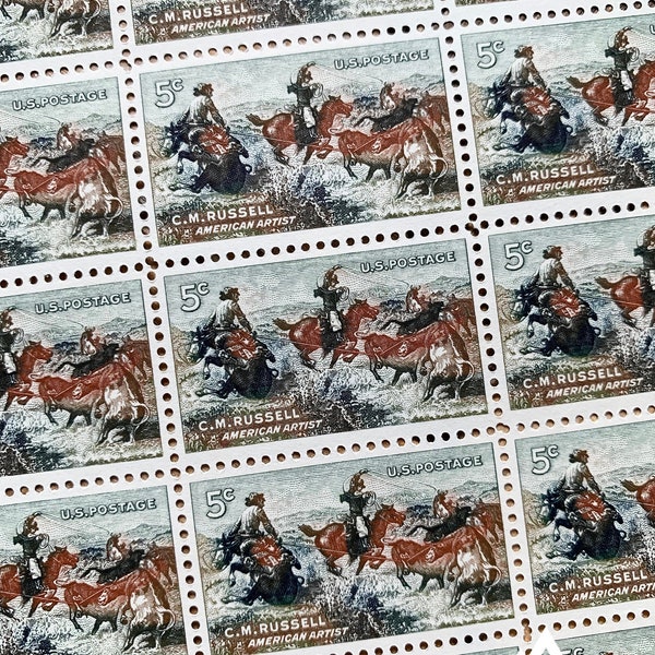 Charles M Russell | 1964 | Vintage US Postage Stamps | Face Value 5 Cents | Scott 1243 | Montana, Rodeo Cattle Cowboy Rustler Lasso Rancher