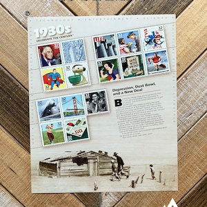 May include: A sheet of 15 stamps featuring images from the 1930s, including historical figures, pop culture icons, and scientific advancements. The stamps are arranged on a white background with the text "1930s Celebrate the Century."