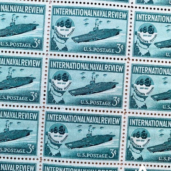 International Naval Review | 1957 | Vintage US Postage Stamps | Face Value 3 Cents | Scott 1091 | Aircraft Carrier Ship, Jamestown, Virginia